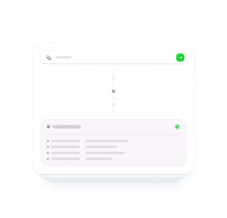 User interface showing a progress bar between a URL input field with a green submit button and a results section with bulleted text and a green check mark.