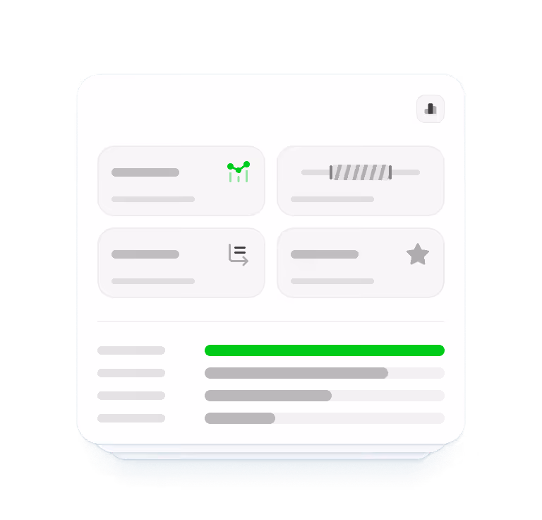 User interface card displaying various stats with icons, a green progress bar, and text lines on a white background.