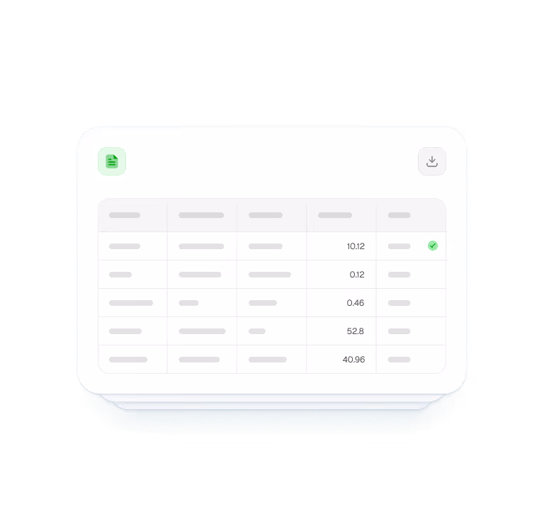 A digital table with five rows showing numerical data, including decimal values and a green checkmark icon in the last column of the first row.