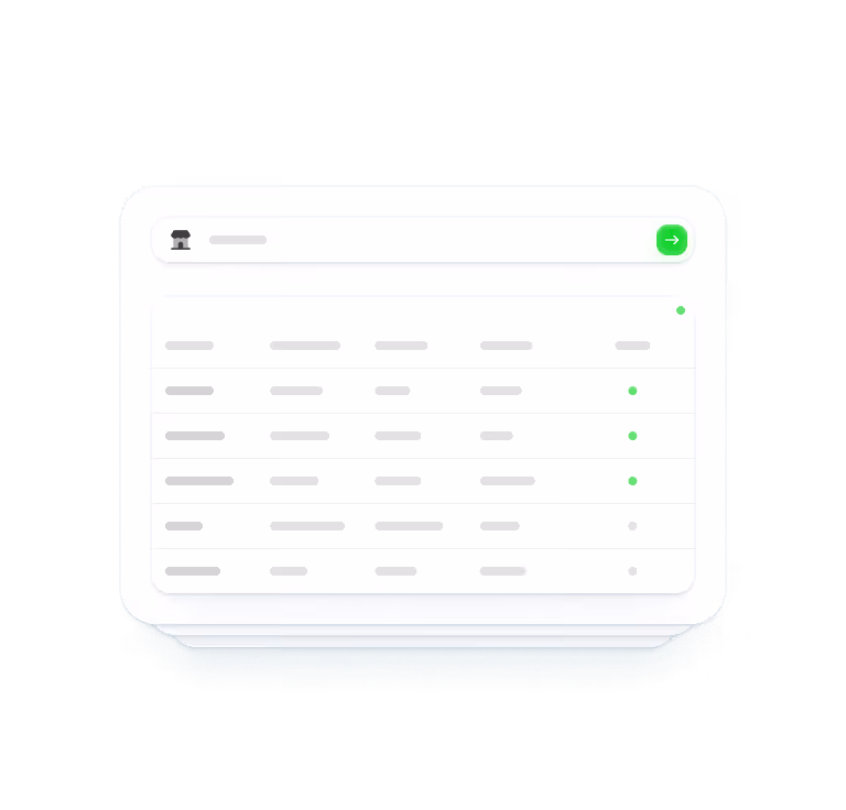 User interface showing a data table with rows and columns, some rows marked active by green dots, and a search bar with a green submit button.
