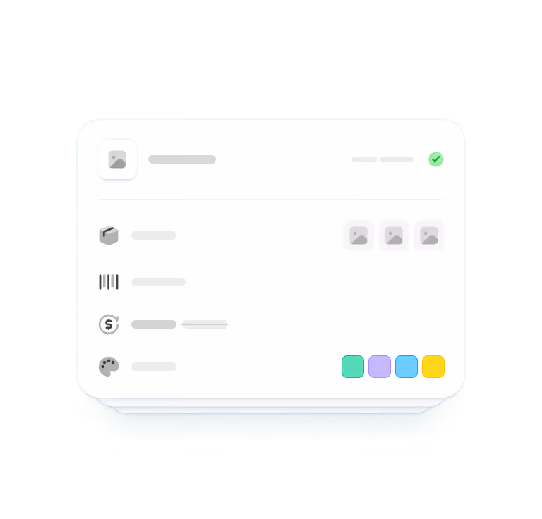 User interface card with icons for image, box, barcode, currency, and color palette, showing four color options and three image placeholders.