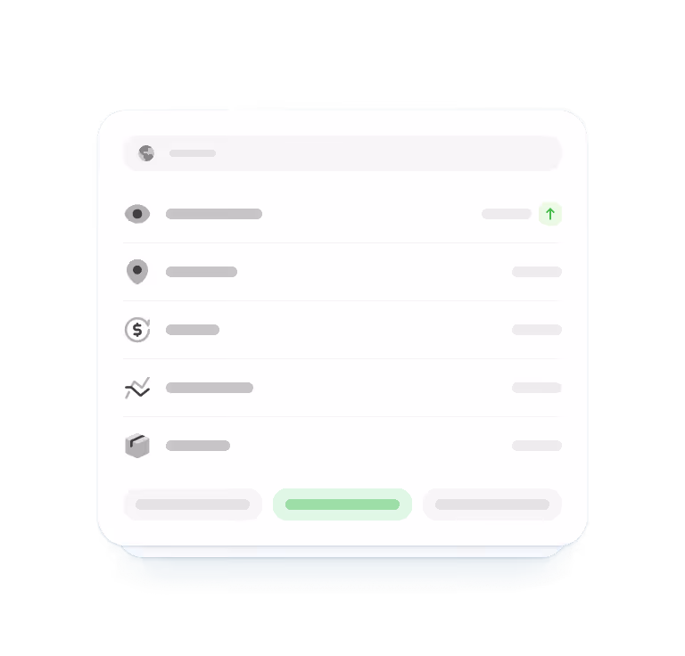 User interface panel displaying a list of six items with icons and blurred text, featuring a highlighted middle button below the list.