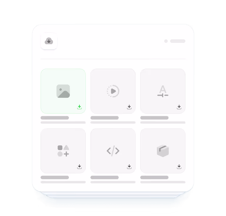 User interface showing six selectable modules with icons representing image, video, text, shapes, code, and box, each with a download arrow.