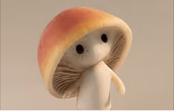 Cute character with a mushroom cap as a hat, featuring big eyes and a small body.