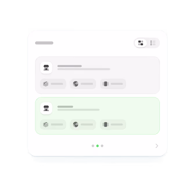 User interface showing two listings with icons for location, globe, and audio, including a grid and list view toggle and pagination dots below.