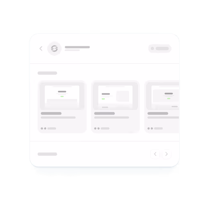 User interface with three light gray cards showing blurred content and navigation arrows below.