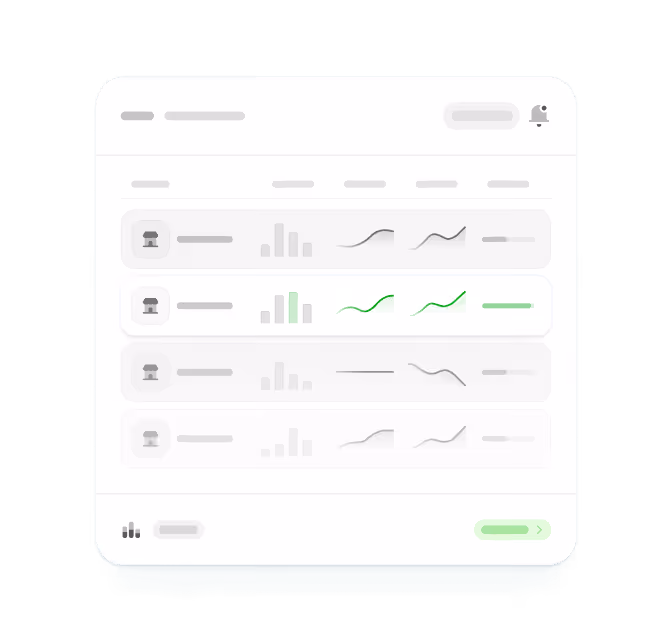 User interface screen showing a metrics dashboard with four rows of data including icons, bar charts, and line graphs, some highlighted in green.