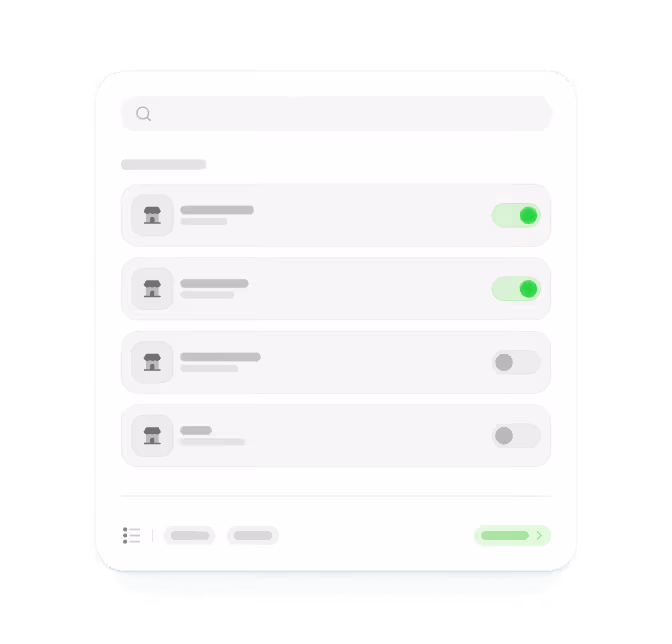 User interface showing a list of shops with toggle switches, two toggles are active in green, and two are inactive in gray, with a search bar at the top.