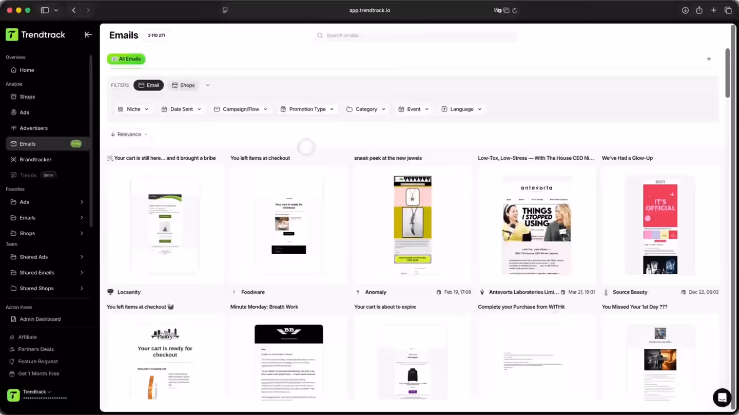 Screenshot of the Trendtrack Emails dashboard interface showing filters and multiple email campaign previews in a grid layout.