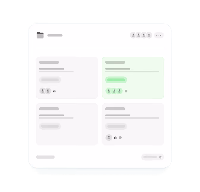 User interface showing four content cards with user avatars and icons, one card highlighted in green, indicating collaboration or task management.