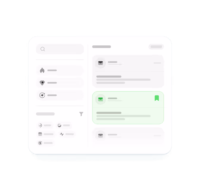 User interface screen showing a search bar, filter icons on the left, and a main panel with three message previews, the middle one highlighted in green and bookmarked.