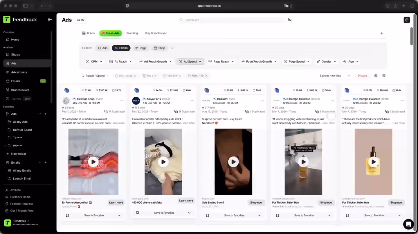 Dashboard of Trendtrack app showing ads analytics with filters and multiple video ad previews in a grid layout.