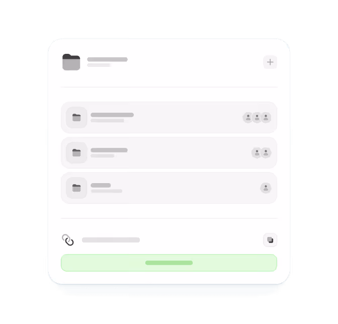 User interface showing a folder with three subfolders, each with group sharing icons, a shareable link, and a highlighted green button at the bottom.