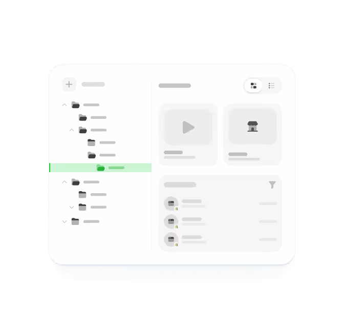 User interface showing a folder structure on the left and content thumbnails with a list view on the right, including icons for video and app.