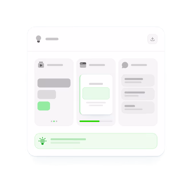 User interface dashboard with three panels showing media, wallet, and chat sections, along with a lightbulb icon and a download button.