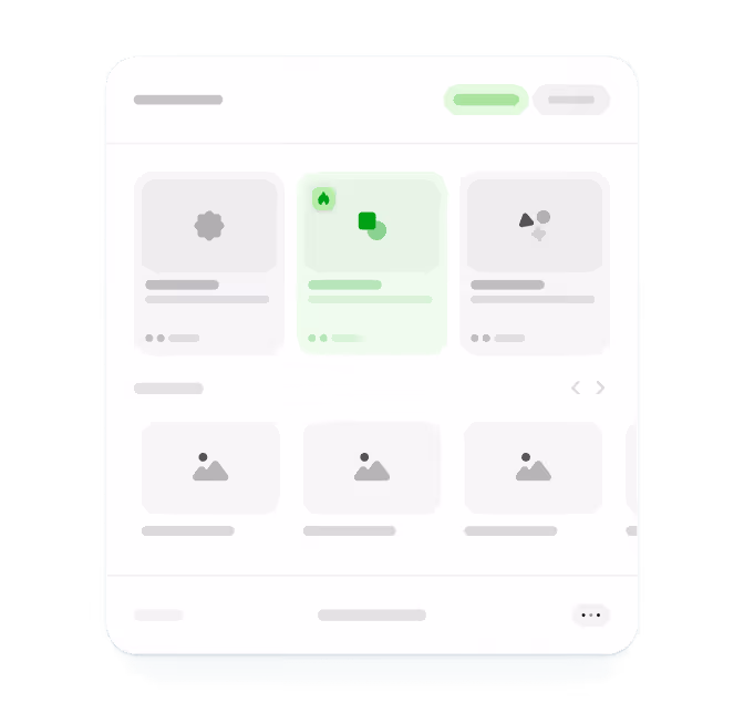 User interface displaying a product selection screen with three highlighted product cards on top and a carousel of three additional product thumbnails below.