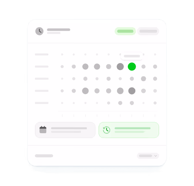 User interface showing a calendar with dot patterns representing sending activity, highlighting a specific day in green.