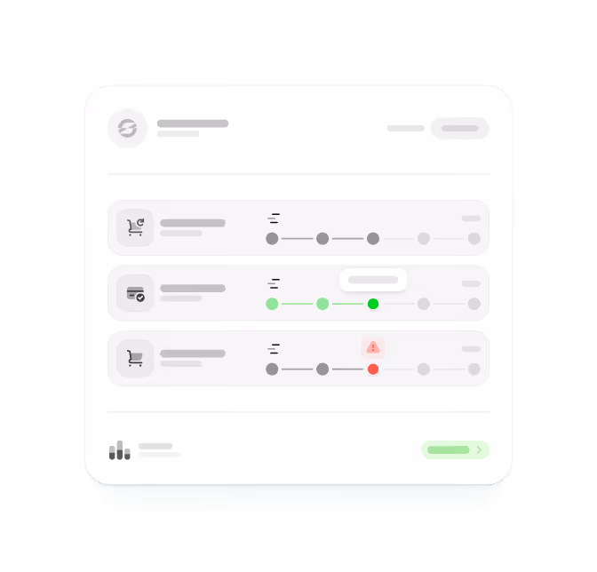 User interface showing three horizontal progress flows with icons, status dots in gray, green and red, and a warning symbol on the last flow.
