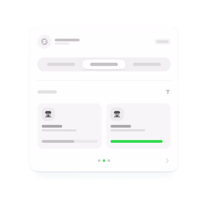 User interface displaying two similar shop listings side by side with icons, text, and a green progress bar on the right listing.
