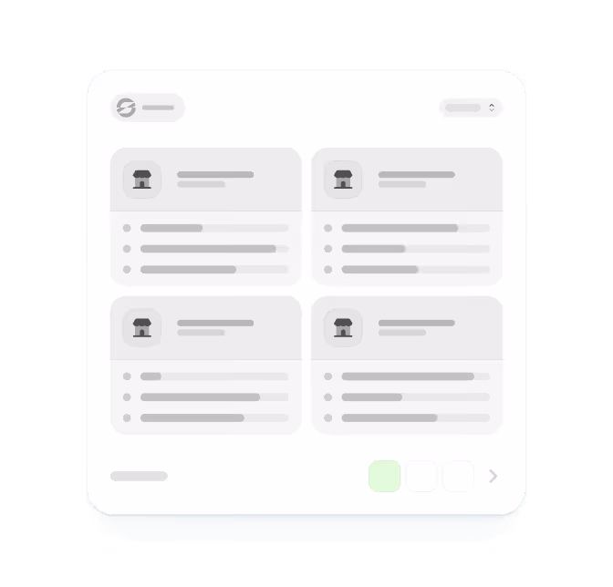User interface displaying a grid of four content cards with icons and text lines, pagination buttons below, and navigation elements at the top.