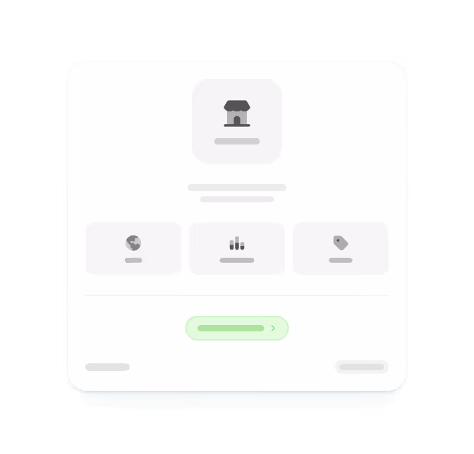 User interface card with a store icon at the top and three sections below showing icons for location, analytics, and pricing, plus a green progress bar with an arrow at the bottom.