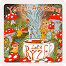Whimsical tea cup and saucer with mushrooms and a cat in a forest-themed art style.
