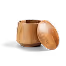 Open wooden round container with lid placed beside it on a white background.