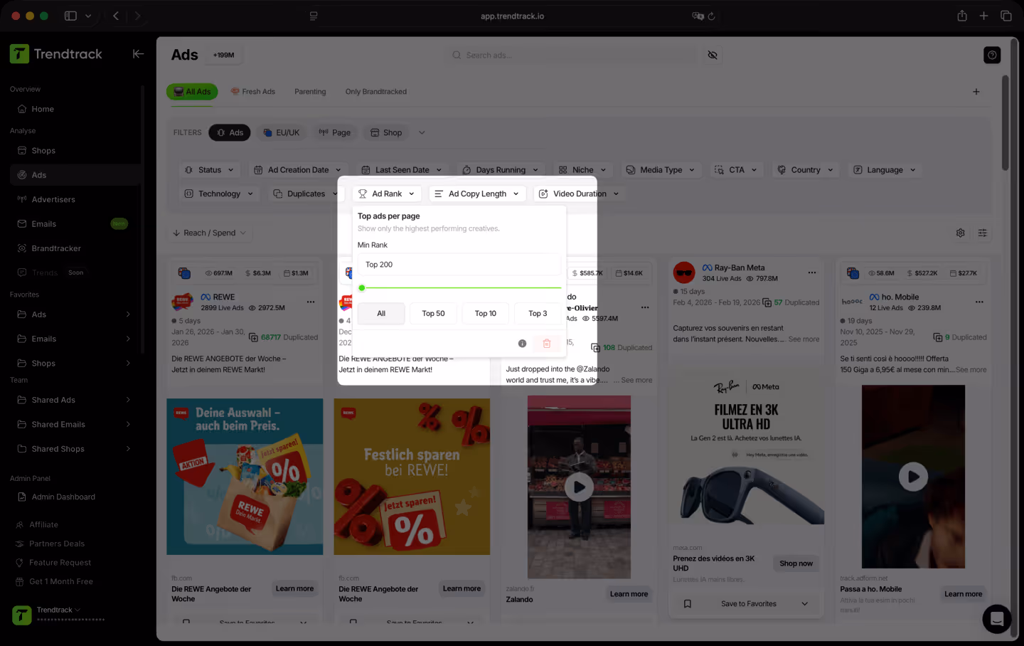 Dashboard interface showing ad analytics with filters and a popup to select top ads per page by rank.