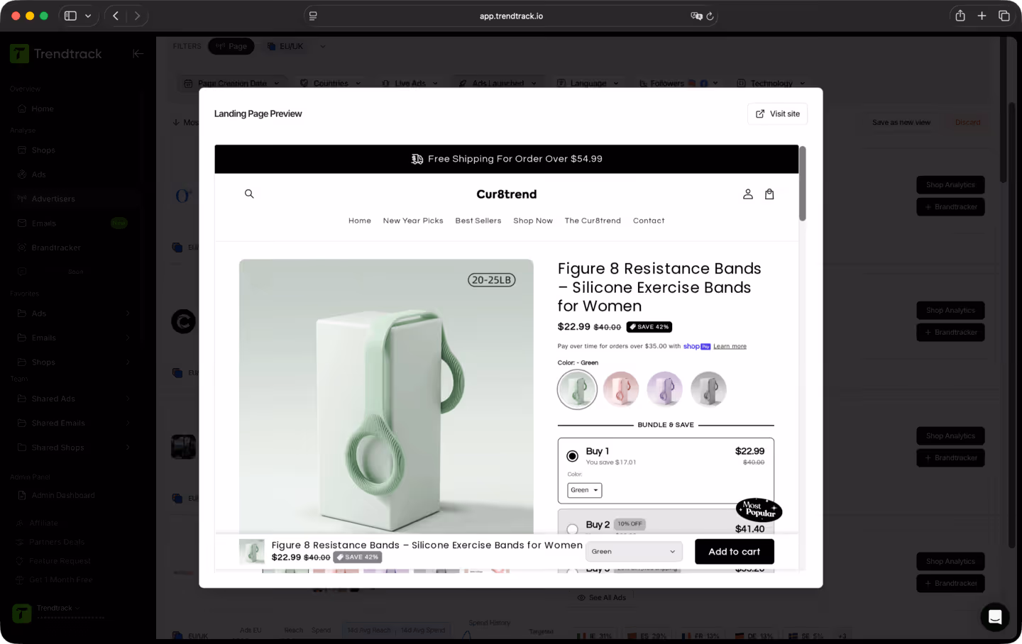 E-commerce product page showing Figure 8 Silicone Resistance Bands in green color priced at $22.99 with multiple color options and bundle purchase deals.