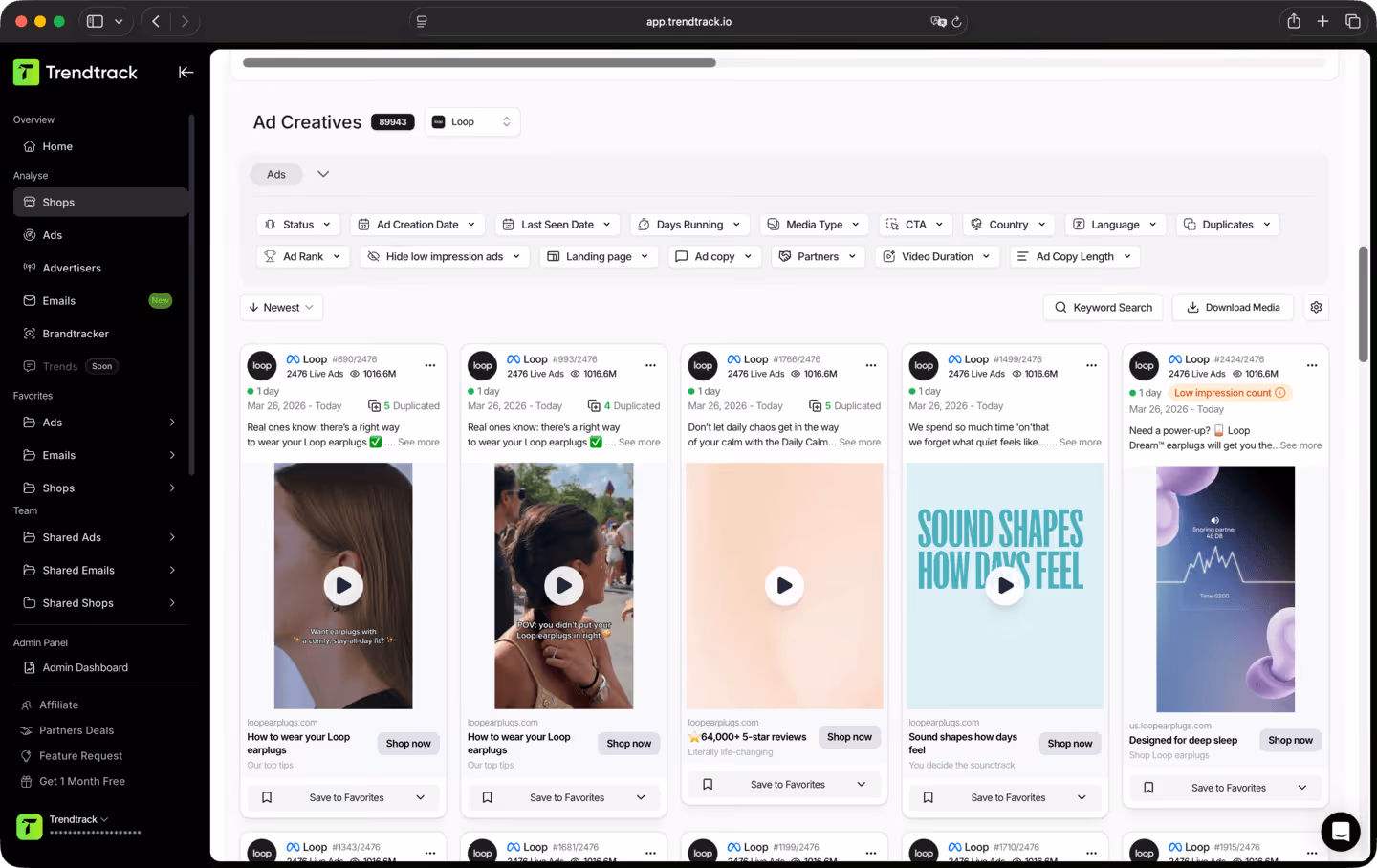 Trendtrack dashboard showing 'Ad Creatives' with multiple ad previews for Loop earplugs, including video thumbnails, descriptions, and shop now buttons.