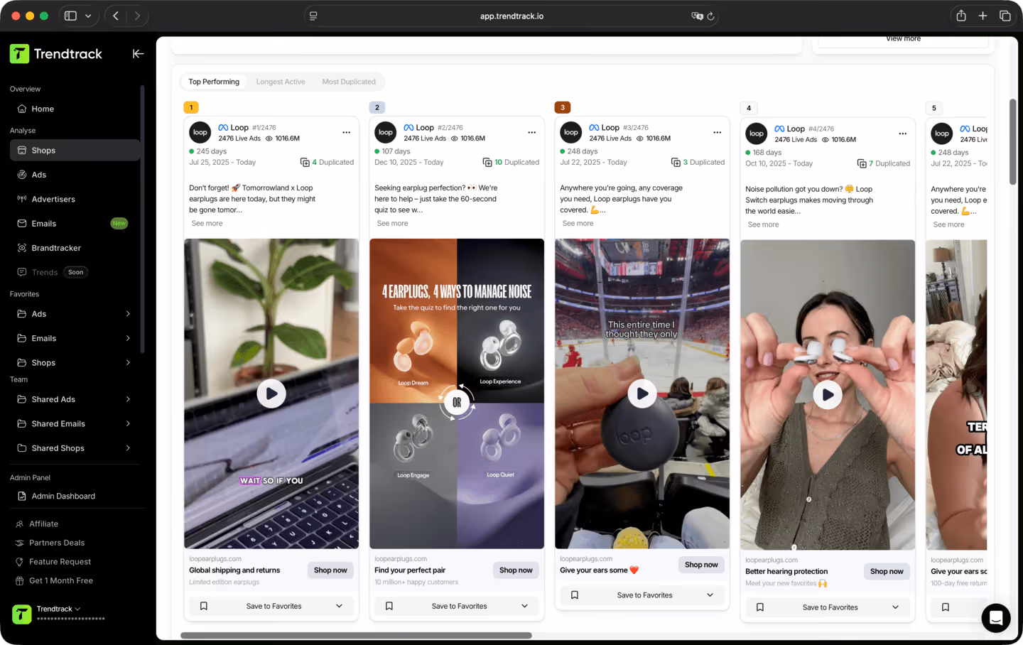 Trendtrack dashboard showing top-performing ads for Loop earplugs with video previews and call-to-action buttons.