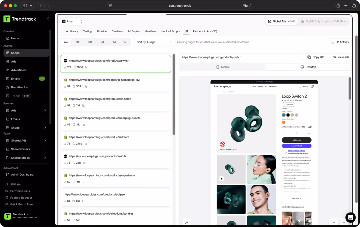 Dashboard of Trendtrack showing ad library and landing page preview for Loop Switch 2 earplugs product page with product images and purchase options.