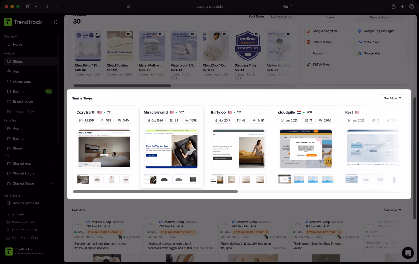 Trendtrack dashboard showing similar shops with thumbnails and details like name, country, followers, and launch date.