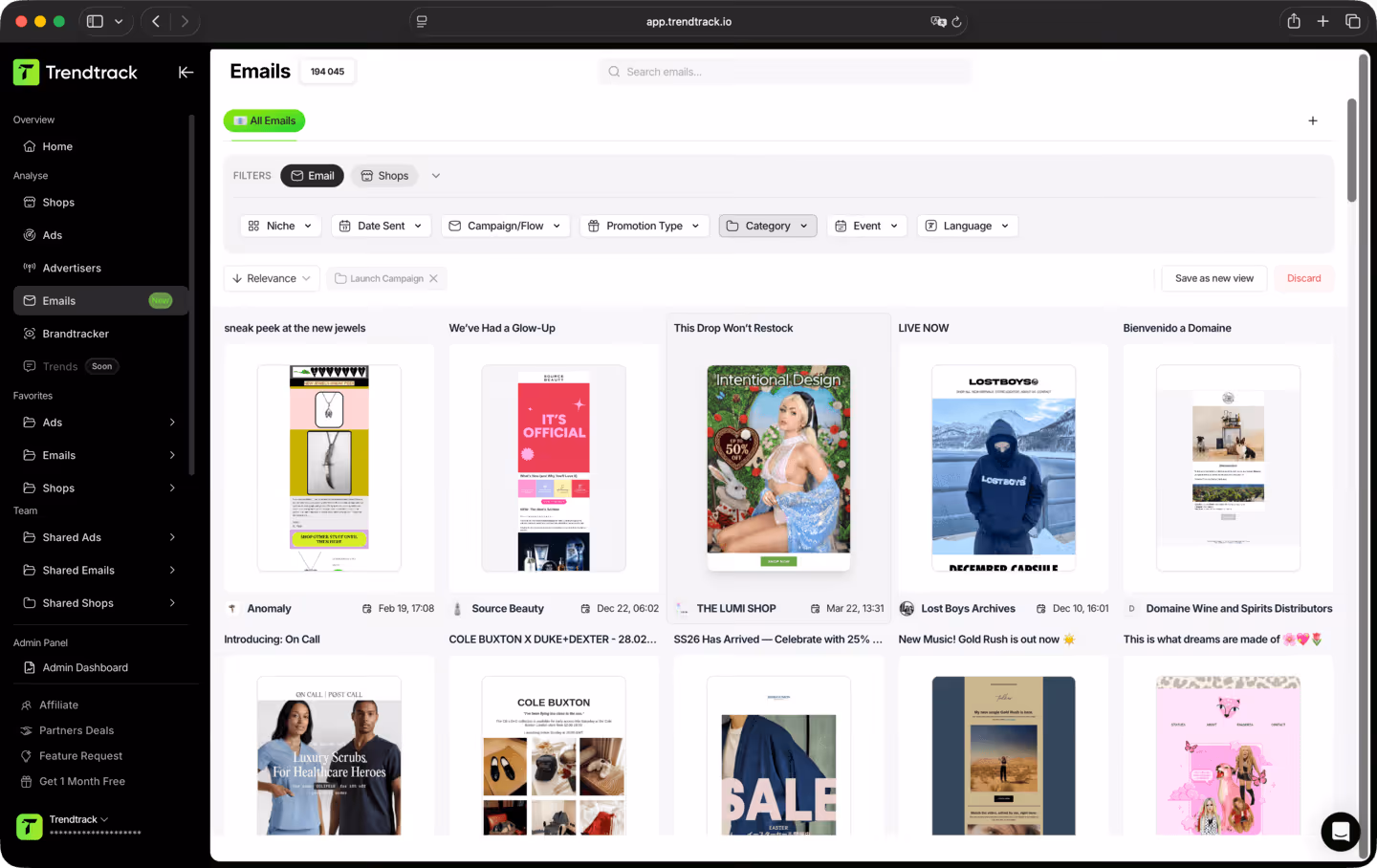 Dashboard view of Trendtrack email campaign management platform displaying various email previews, filter options, and navigation menu.