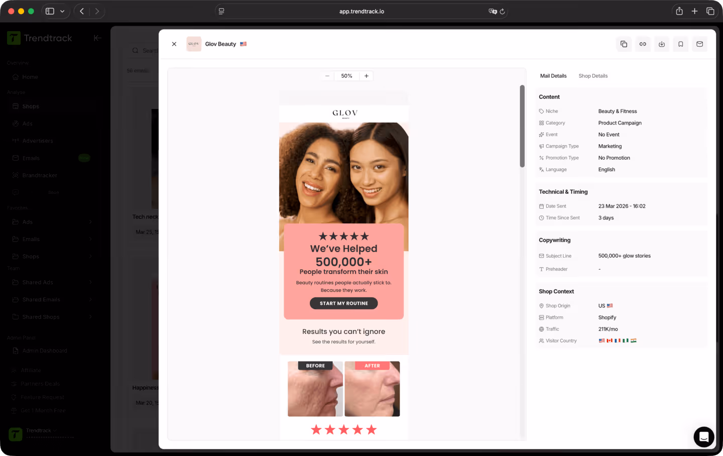 Email marketing campaign from Glov Beauty showing two smiling women, a banner stating over 500,000 people transformed their skin, and before-and-after skin improvement photos.