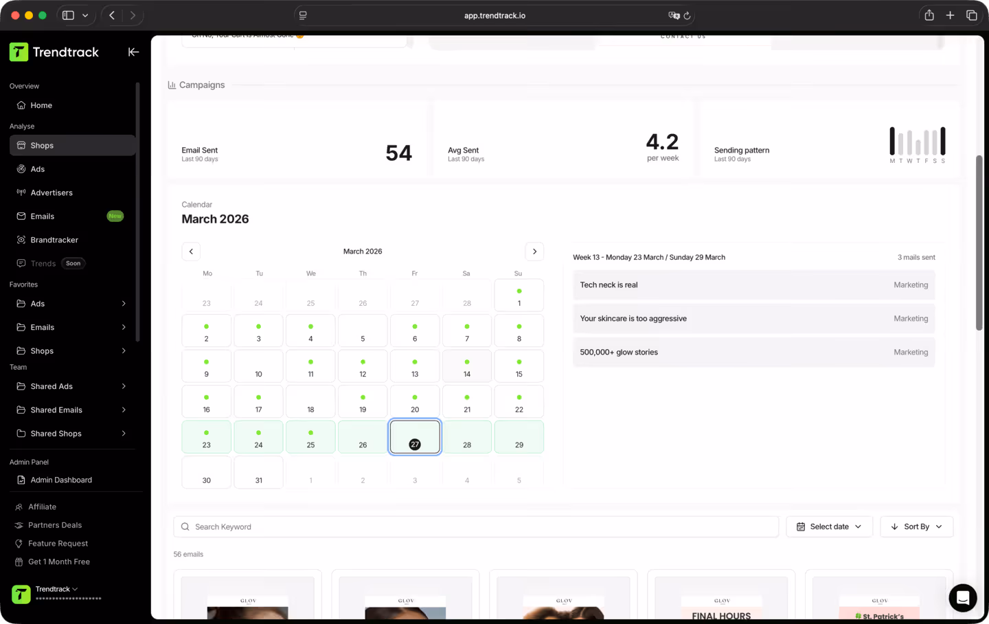 Trendtrack analytics dashboard showing March 2026 calendar with emails sent daily, weekly average of 4.2 emails, and campaign details including subject lines and marketing category.