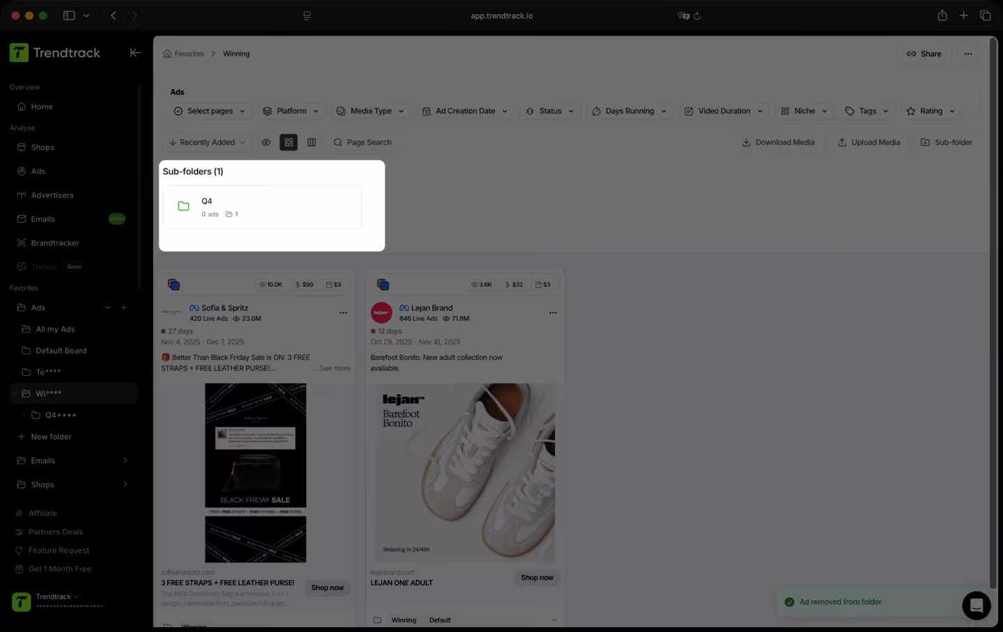 Trendtrack dashboard showing a Sub-folder section with one folder named Q4 containing 0 ads and 1 sub-folder.