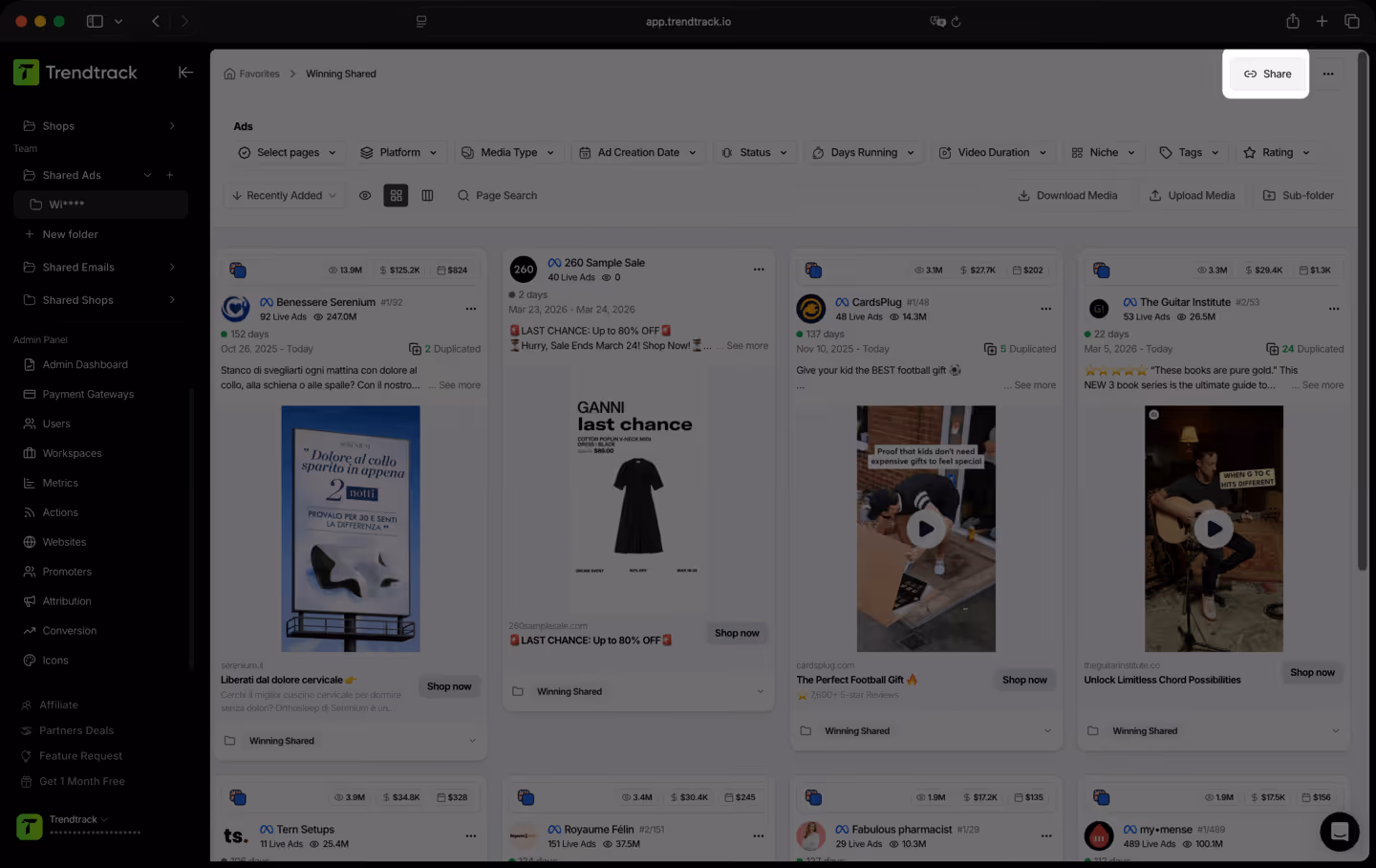Dashboard interface of Trendtrack showing winning shared ads with filters and options for platform, media type, ad creation date, status, video duration, niche, tags, and rating.