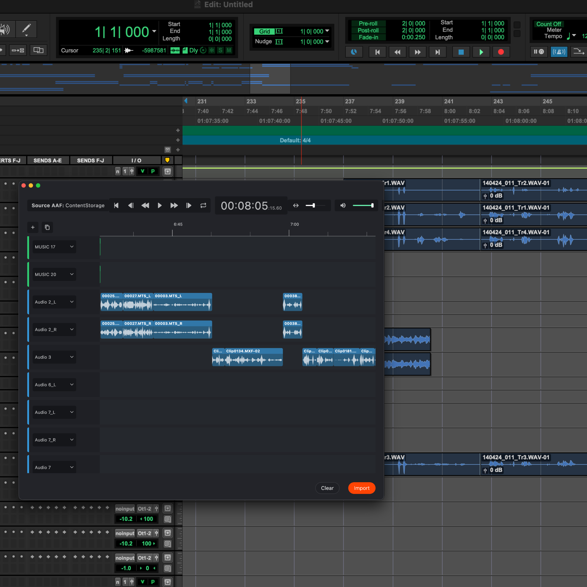 Forte fPost Audio automation software interface showing multiple audio tracks with waveforms and a floating import window displaying clips and timeline.