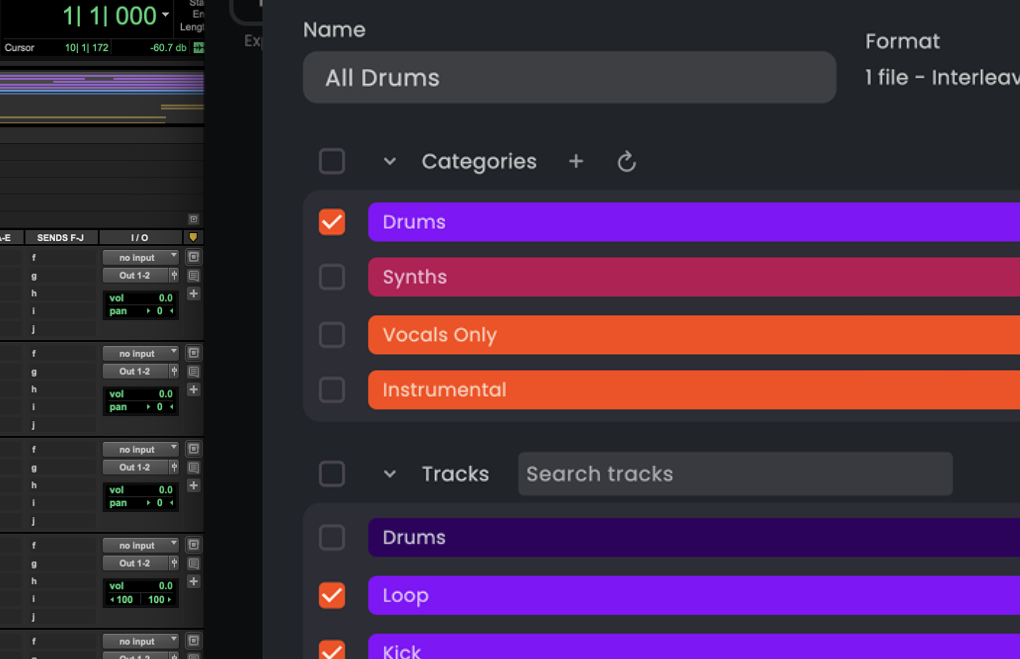 Music software interface showing categories like Drums, Synths, Vocals Only, Instrumental with checkboxes, and tracks including Drums, Loop, and Kick.