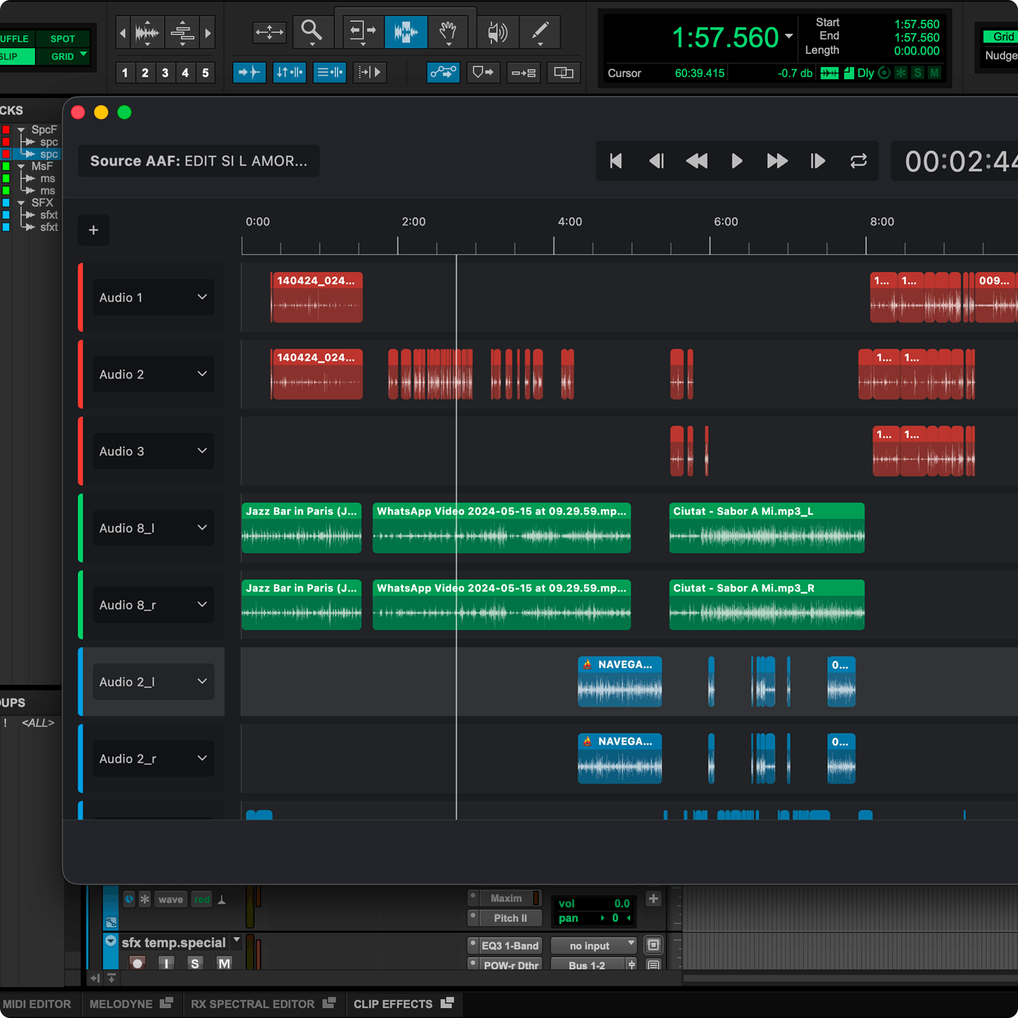 Forte fPost Audio automation software interface showing multiple audio tracks with waveforms and a floating import window displaying clips and timeline.