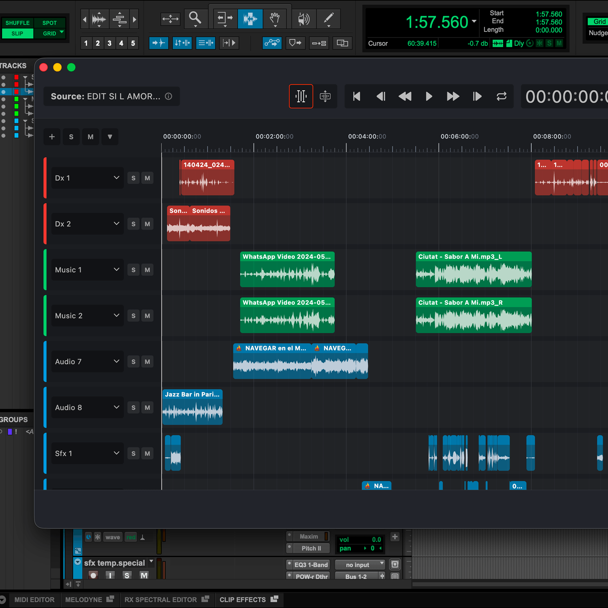 Forte fPost Audio automation software interface showing multiple audio tracks with waveforms and a floating import window displaying clips and timeline.
