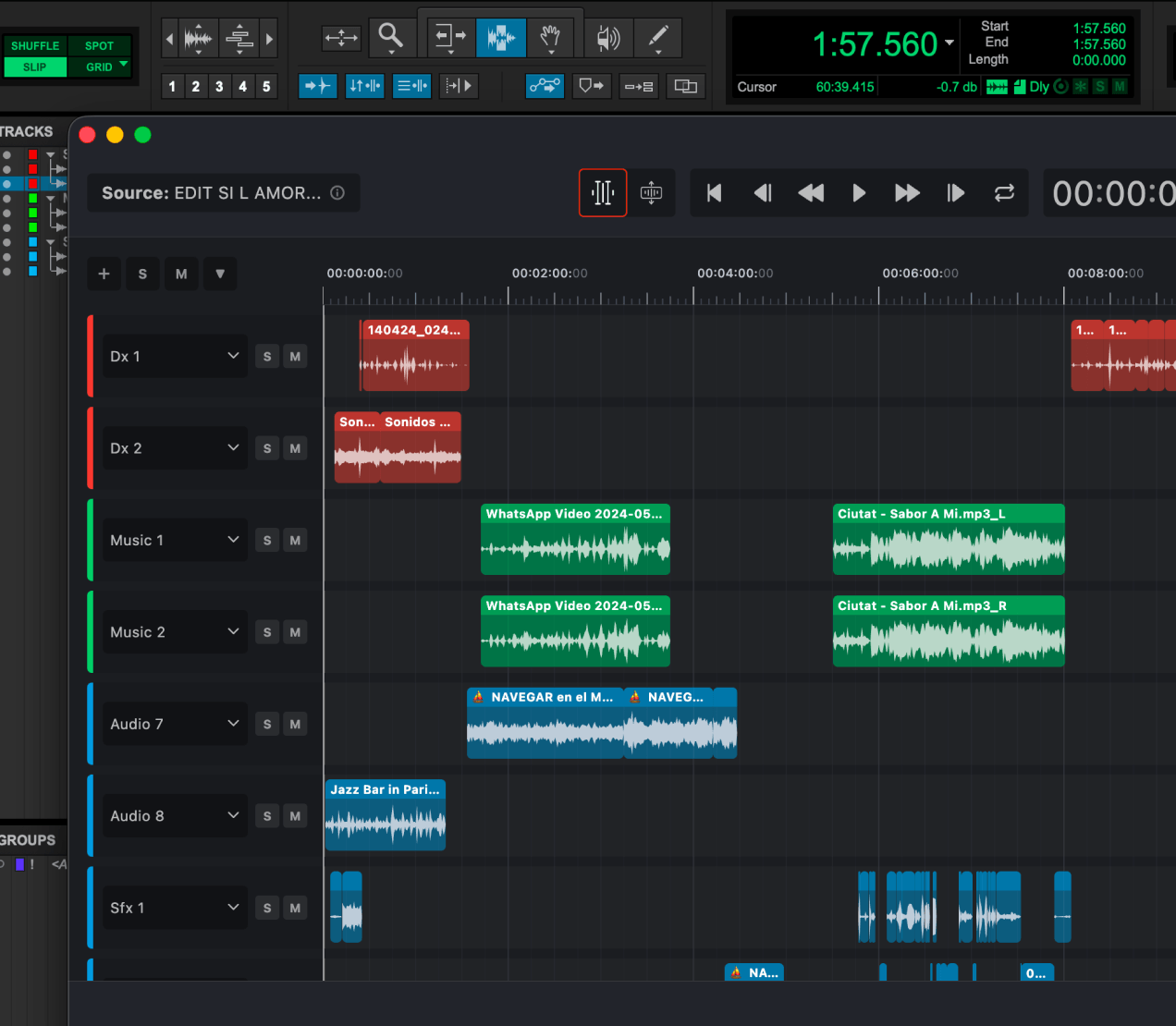 fMusic and fPost desktop interfaces showing automated mix prep, stem bounce, and AAF audio track reorganization with color-coded Speech, Music, and SFX categories