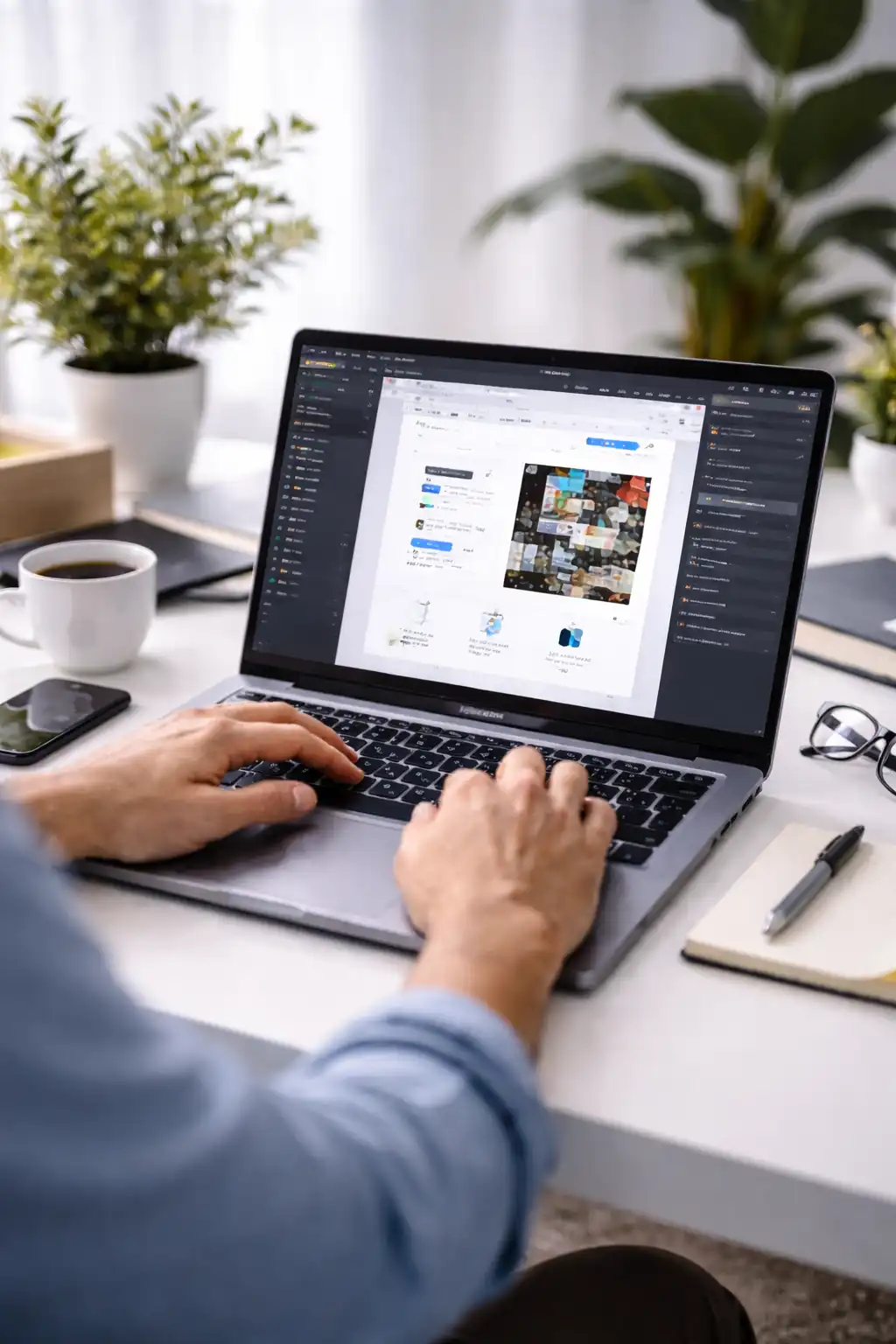 Iemand die werkt op een laptop terwijl op een bureau ook een kop koffie, een smartphone, een notitieboekje met pen en een bril liggen.