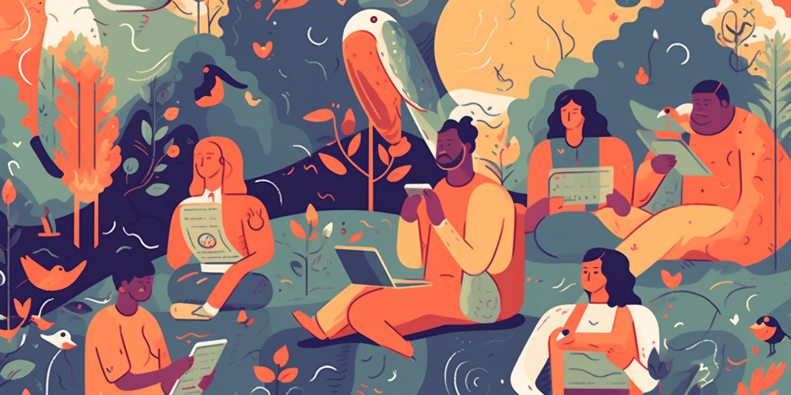 A surreal image of people sitting in a park