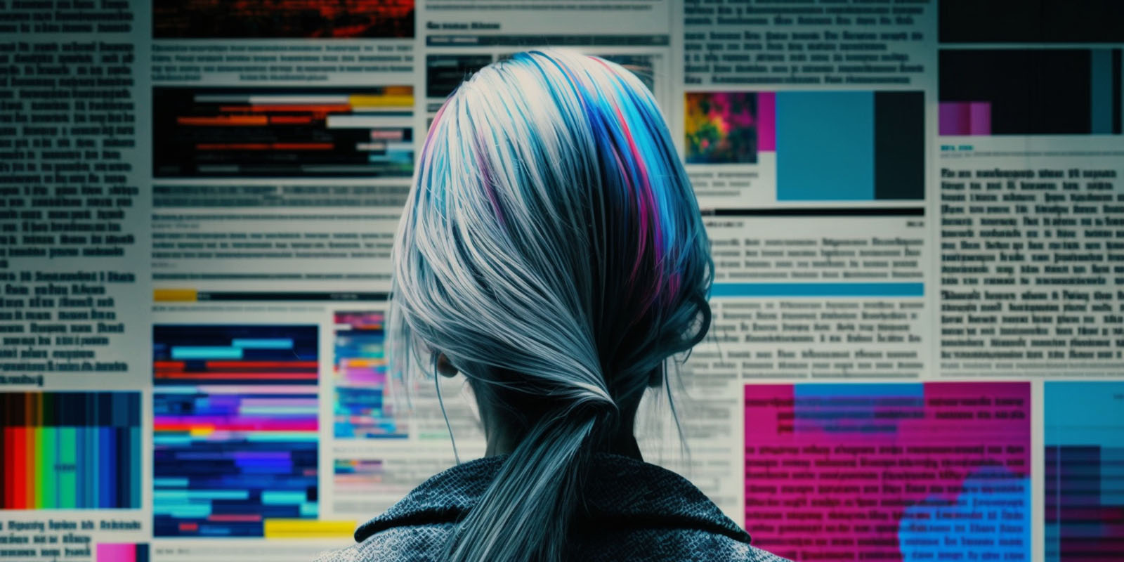 A surreal image of a woman in front of a bunch of screenshots