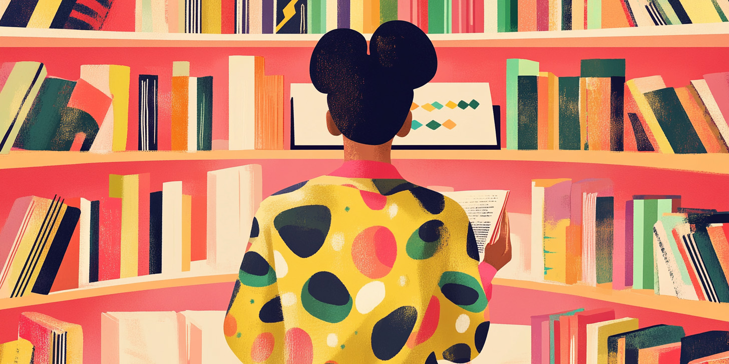 A surreal image of a woman staring at bookshelves