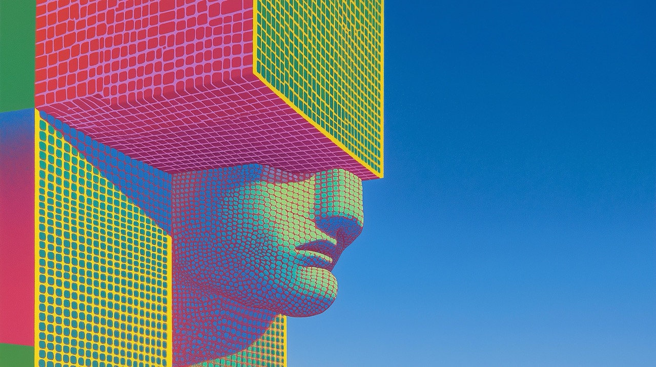 A surreal image of a woman with a cube on her head
