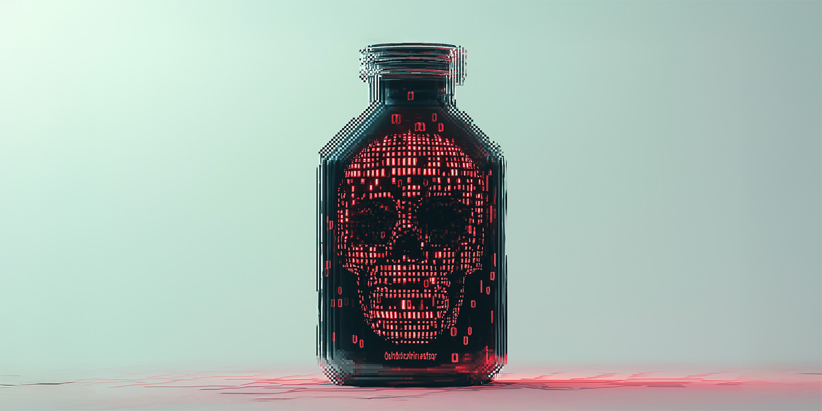 An image of a black bottle with a luminous red skull on it.