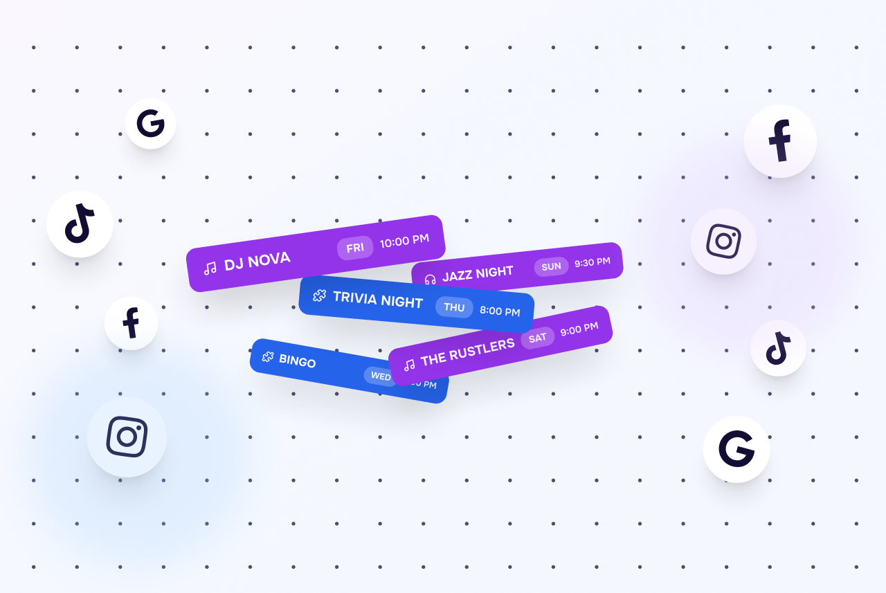 Event schedule cards with DJ Nova Friday 10:00 PM, Jazz Night Sunday 9:30 PM, Trivia Night Thursday 8:00 PM, Bingo Wednesday 6:00 PM, and The Rustlers Saturday 9:00 PM, surrounded by social media icons for Google, Facebook, Instagram, and TikTok on a dotted gradient background.